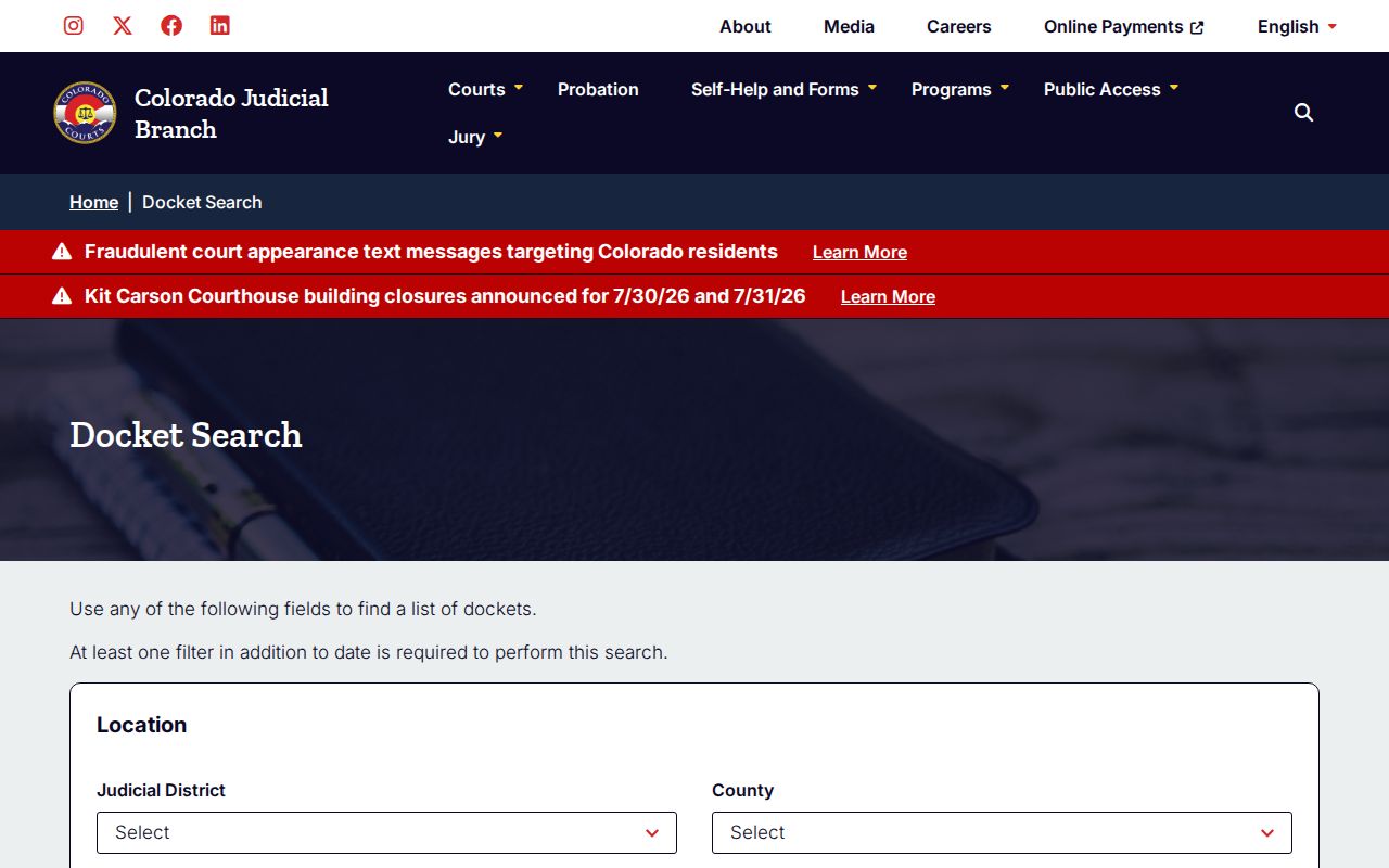 Elbert County court dockets Colorado Judicial Branch docket search