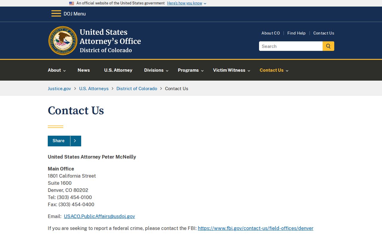 Elbert County criminal court records U.S. Attorney District of Colorado contact