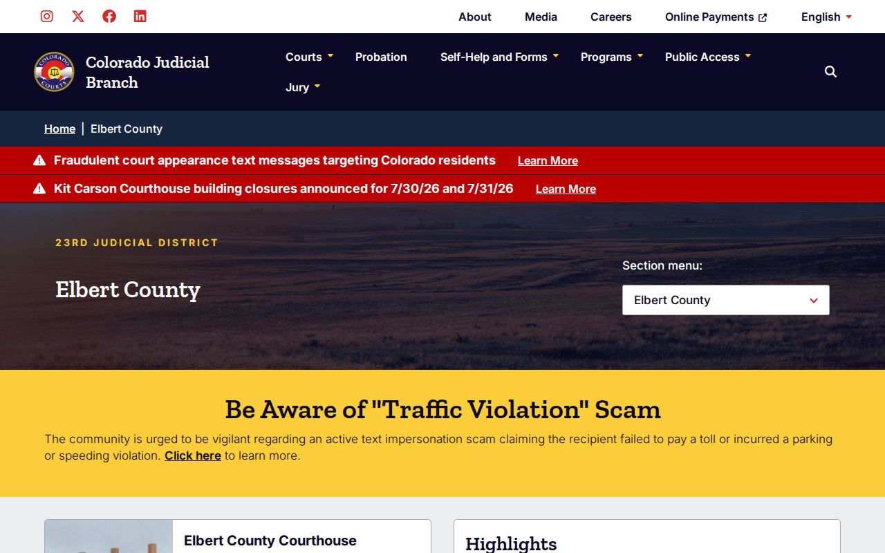 Elbert County District Court trial court landing page