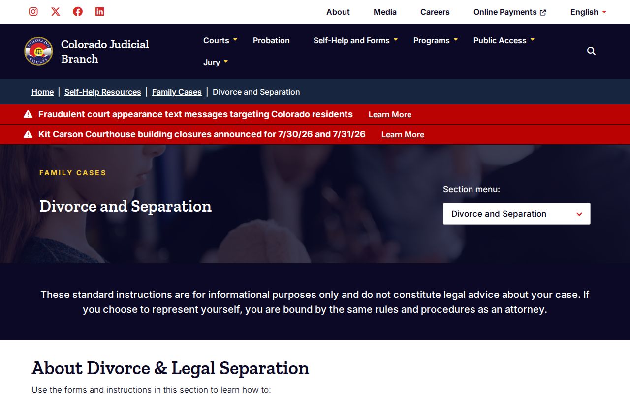 Elbert County divorce records Colorado Judicial Branch divorce and separation page