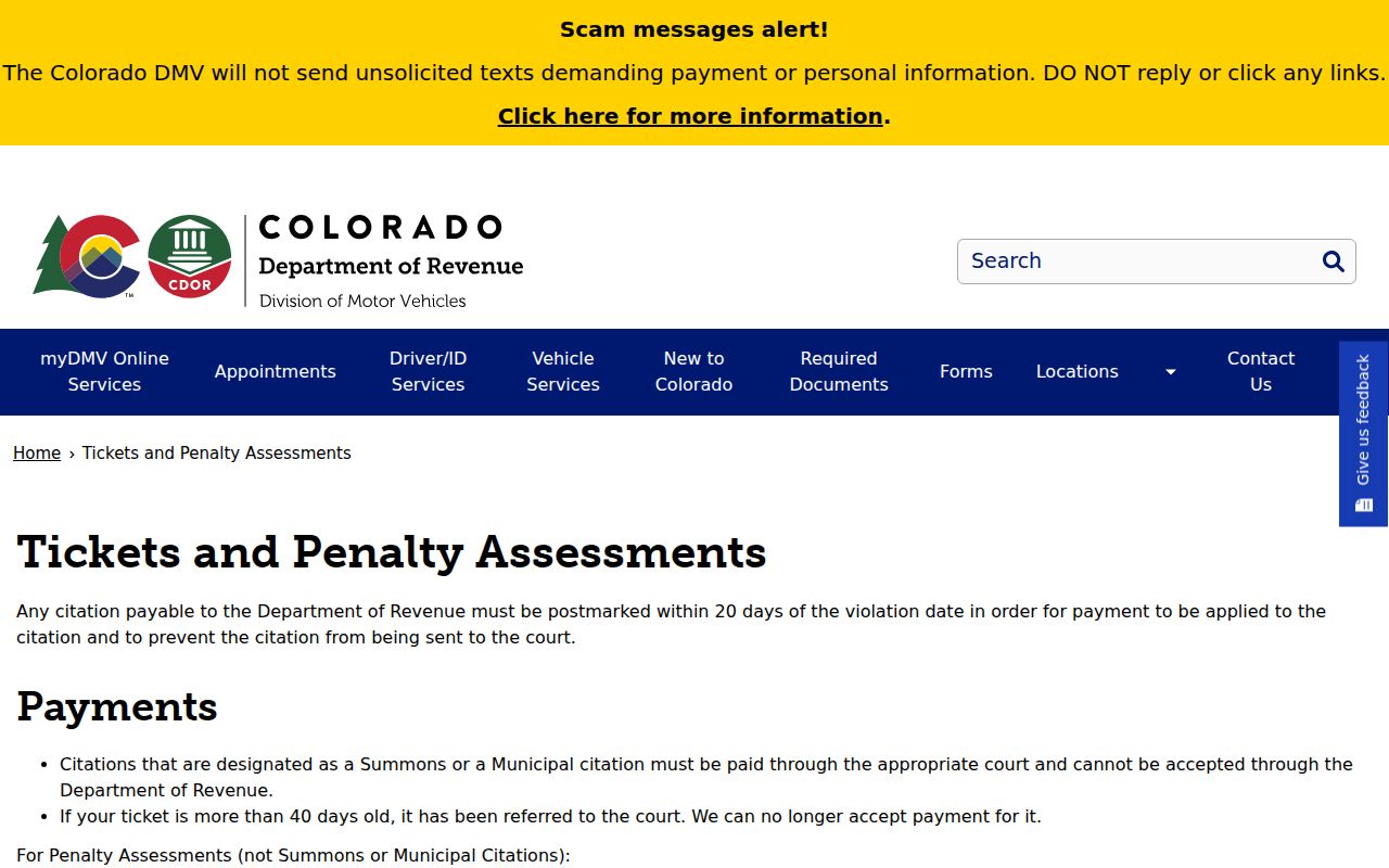 Elbert County traffic court records Colorado DMV tickets and penalty assessments page