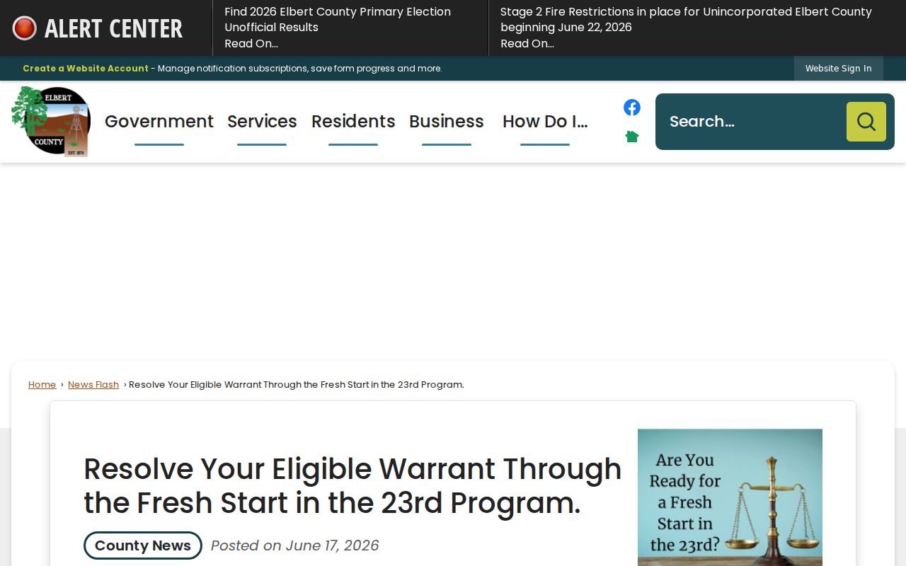 Elbert County warrant records Fresh Start event notice